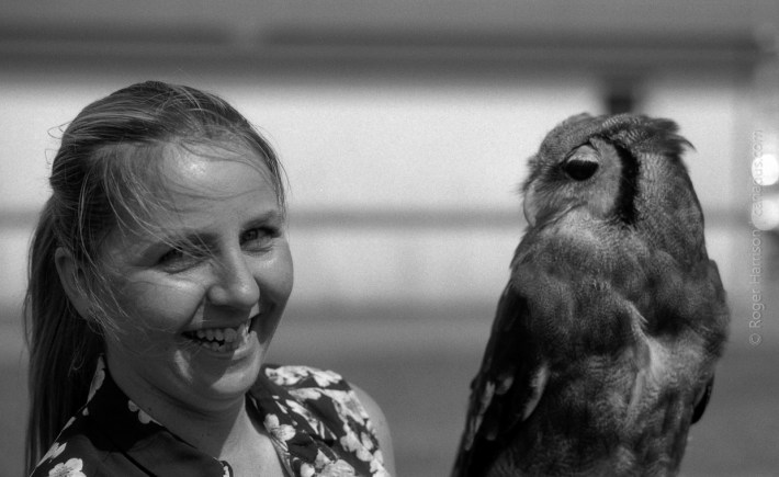 Cllr Hailey Townsend and owl G1, 90mm, FP4+